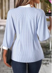 Striped Light Blue 3/4 Sleeve Turn Down Collar Blouse