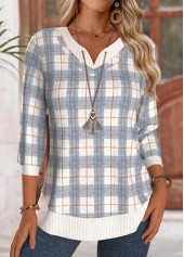 Plaid Tummy Coverage Blue Long Sleeve T Shirt