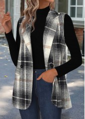 Plaid Tummy Coverage Black Sleeveless Lapel Waistcoat