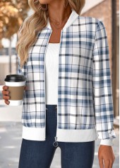Plaid Tummy Coverage Blue Long Sleeve Stand Collar Jacket