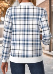 Plaid Tummy Coverage Blue Long Sleeve Stand Collar Jacket