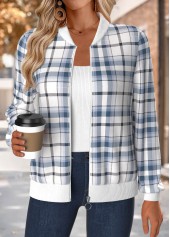 Plaid Tummy Coverage Blue Long Sleeve Stand Collar Jacket