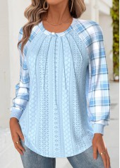 Plaid Tummy Coverage Light Blue Long Sleeve Sweatshirt