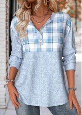 Plaid Tummy Coverage Light Blue Long Sleeve Sweatshirt