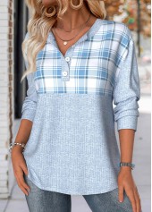 Plaid Tummy Coverage Light Blue Long Sleeve Sweatshirt