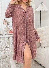 Dark Reddish Purple V Neck Long Sleeve Nightdress