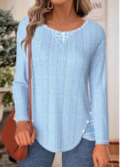 Plaid Tummy Coverage Light Blue Long Sleeve T Shirt
