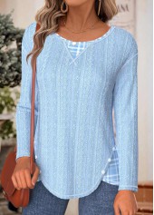 Plaid Tummy Coverage Light Blue Long Sleeve T Shirt