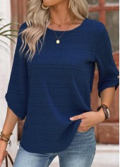 Button Navy 3/4 Sleeve Round Neck Blouse