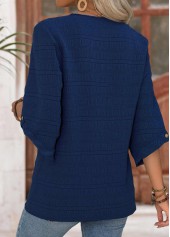 Button Navy 3/4 Sleeve Round Neck Blouse