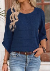 Button Navy 3/4 Sleeve Round Neck Blouse