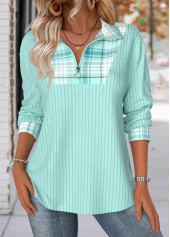 Plaid Tummy Coverage Light Green Long Sleeve Sweatshirt