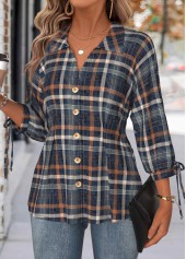 Plaid Tummy Coverage Multi Color 3/4 Sleeve Blouse