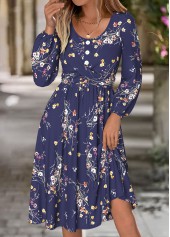 Floral Print Tummy Coverage Navy Long Sleeve Dress