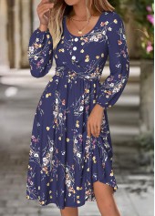 Floral Print Tummy Coverage Navy Long Sleeve Dress