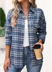 Plaid Patch Pocket Blue Long Sleeve Shirt