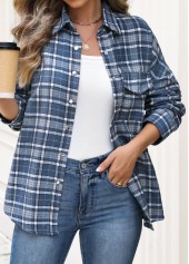 Plaid Patch Pocket Blue Long Sleeve Shirt