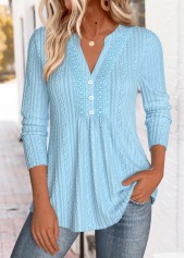 Tummy Coverage Blue Long Sleeve Split Neck Blouse