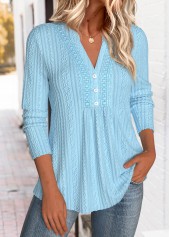 Tummy Coverage Blue Long Sleeve Split Neck Blouse
