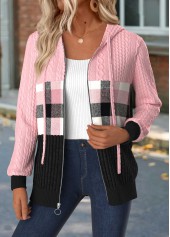 Plaid Tummy Coverage Light Pink Long Sleeve Hooded Coat