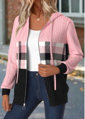 Plaid Tummy Coverage Light Pink Long Sleeve Hooded Coat
