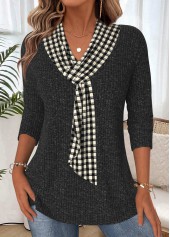 Plaid Tummy Coverage Black 3/4 Sleeve T Shirt