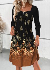 Leaf Print Tummy Coverage Black Long Sleeve Dress