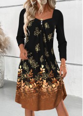 Leaf Print Tummy Coverage Black Long Sleeve Dress