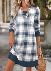Plaid Tummy Coverage Dusty Blue Short Long Sleeve Dress