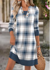 Plaid Tummy Coverage Dusty Blue Short Long Sleeve Dress