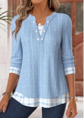 Plaid Tummy Coverage Light Blue Long Sleeve T Shirt