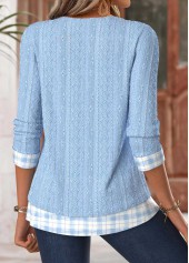 Plaid Tummy Coverage Light Blue Long Sleeve T Shirt