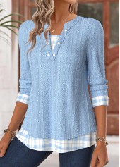 Plaid Tummy Coverage Light Blue Long Sleeve T Shirt