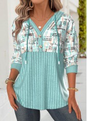 Geometric Print Tummy Coverage Mint Green Long Sleeve Hoodie