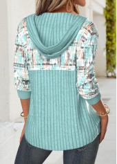 Geometric Print Tummy Coverage Mint Green Long Sleeve Hoodie