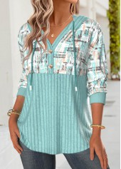 Geometric Print Tummy Coverage Mint Green Long Sleeve Hoodie