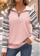 Geometric Print Tummy Coverage Light Pink Long Sleeve Sweatshirt