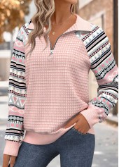 Geometric Print Tummy Coverage Light Pink Long Sleeve Sweatshirt