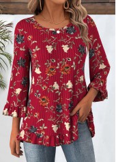 Floral Print Tummy Coverage Wine Red T Shirt