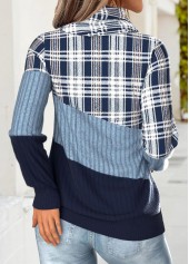 Plaid Tummy Coverage Blue Long Sleeve Cowl Neck Sweatshirt