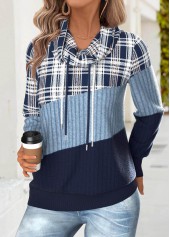 Plaid Tummy Coverage Blue Long Sleeve Cowl Neck Sweatshirt