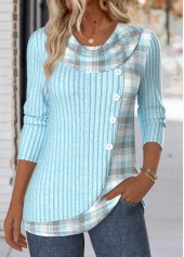 Plaid Tummy Coverage Light Blue Long Sleeve T Shirt