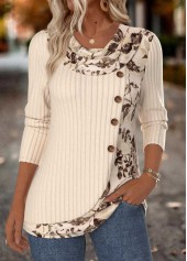 Floral Print Tummy Coverage Beige Long Sleeve T Shirt