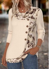 Floral Print Tummy Coverage Beige Long Sleeve T Shirt
