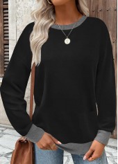Tummy Coverage Black Long Sleeve Round Neck Sweatshirt