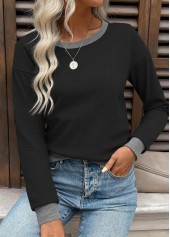 Tummy Coverage Black Long Sleeve Round Neck Sweatshirt