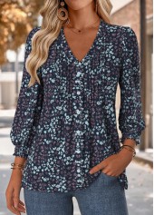 Floral Print Frill Navy Long Sleeve V Neck Blouse