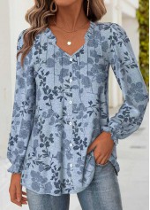 Leaf Print Tummy Coverage Denim Blue Long Sleeve Blouse