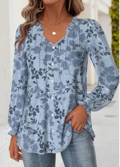 Leaf Print Tummy Coverage Denim Blue Long Sleeve Blouse