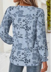 Leaf Print Tummy Coverage Denim Blue Long Sleeve Blouse